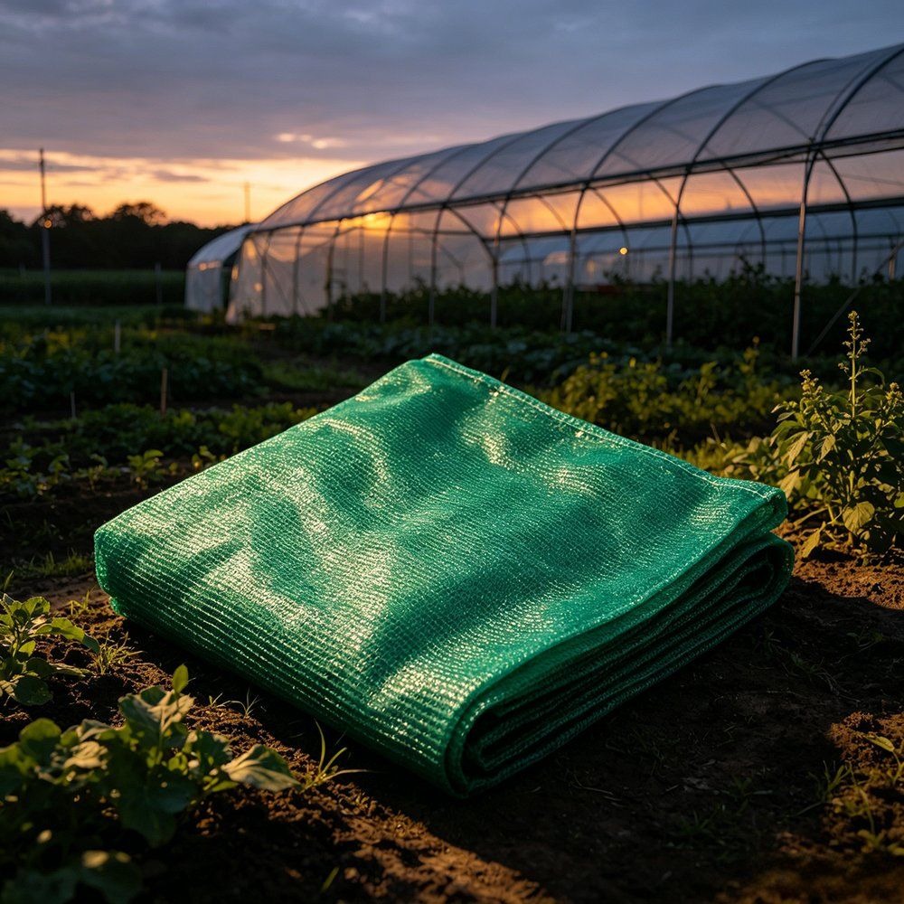 Folded green shade net sheet in front of a greenhouse at dusk