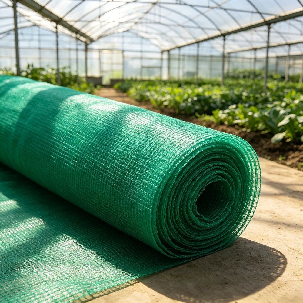 Roll of green HDPE shade net standing inside a greenhouse beside seedlings