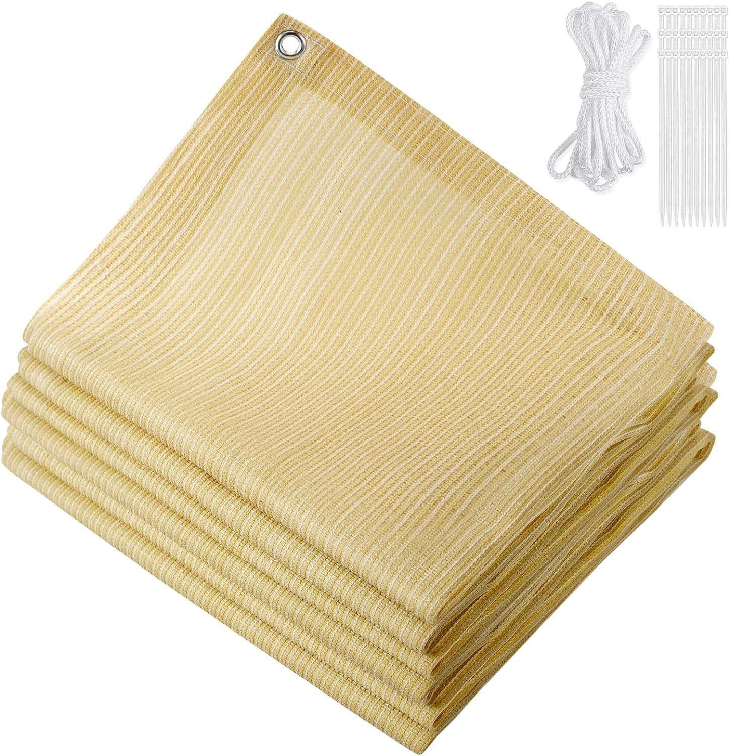 Beige HDPE shade cloth panel folded with rope and zip ties