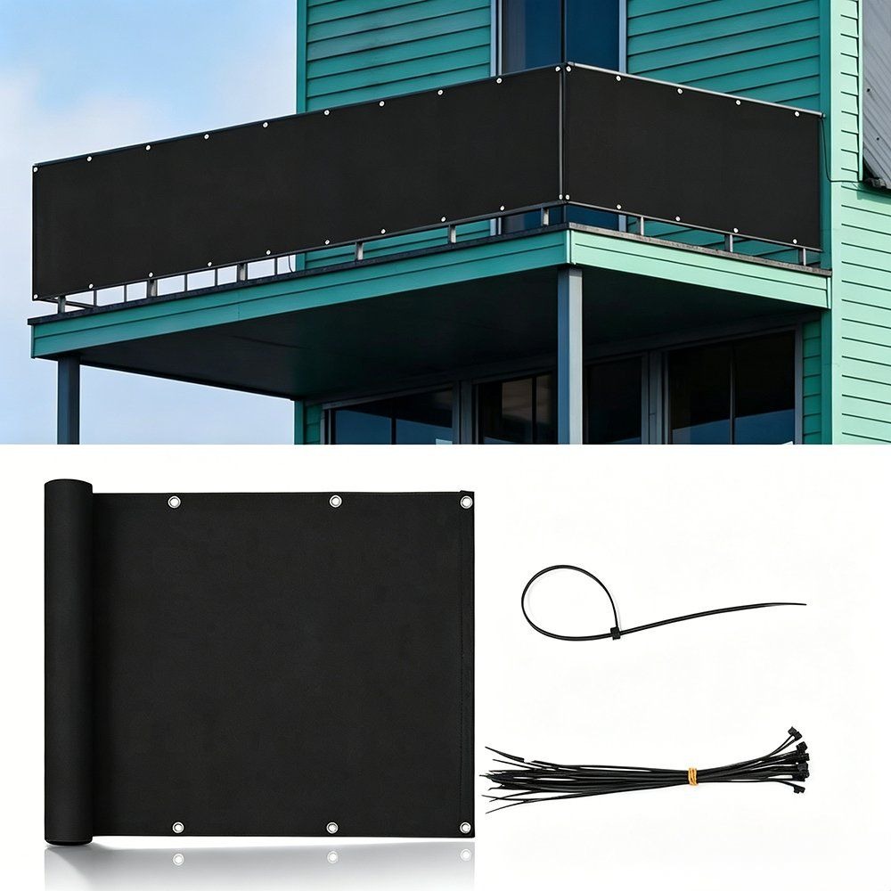 Black privacy fence screen fitted along a balcony railing