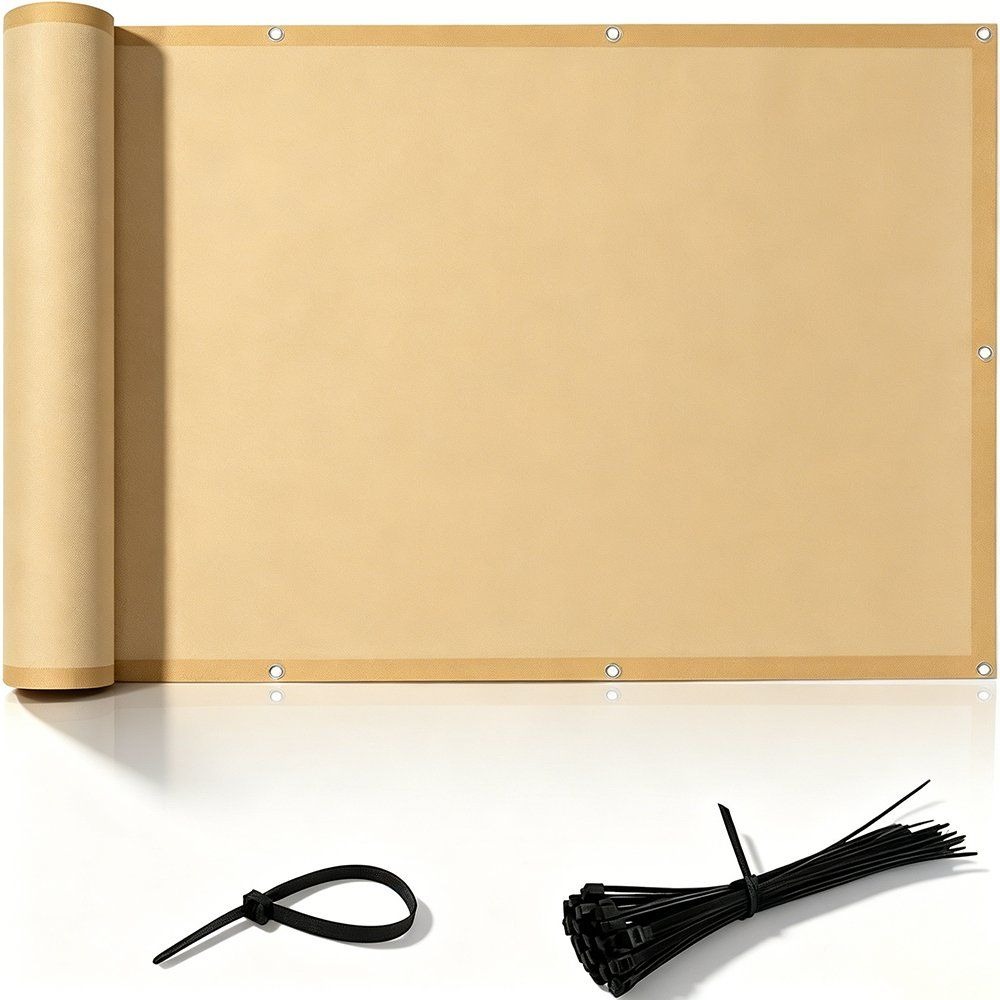 Tan HDPE privacy fence screen rolled out with zip ties ready for fixing