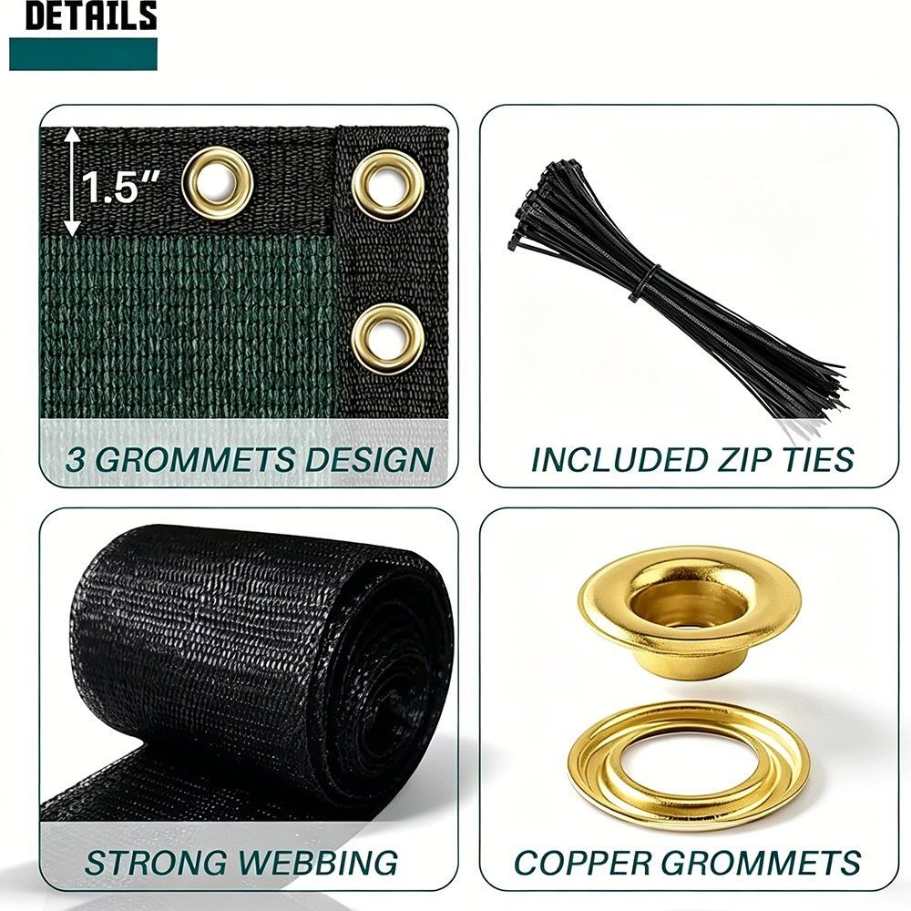 Privacy fence screen grommet, webbing and zip tie details