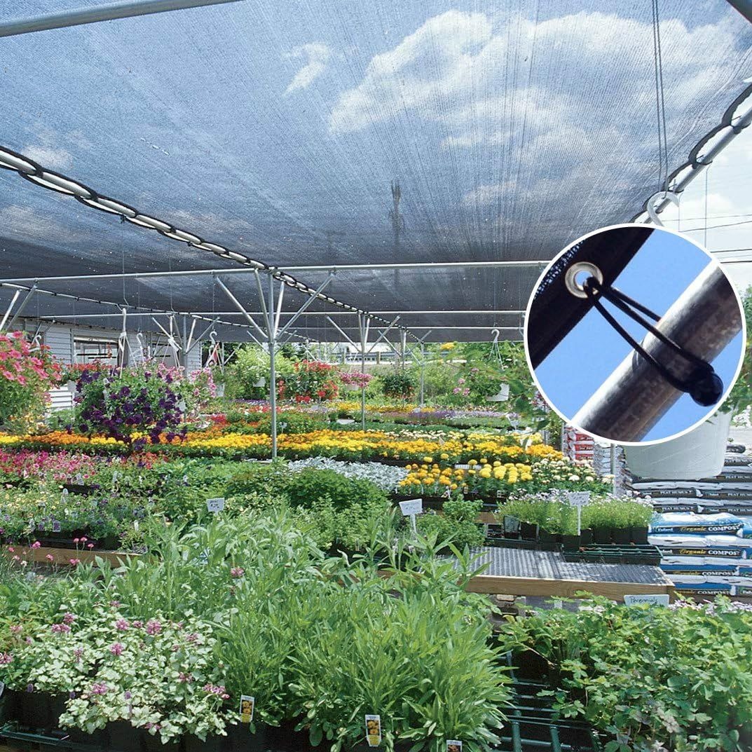 HDPE shade cloth over a plant nursery with an eyelet and rope detail inset
