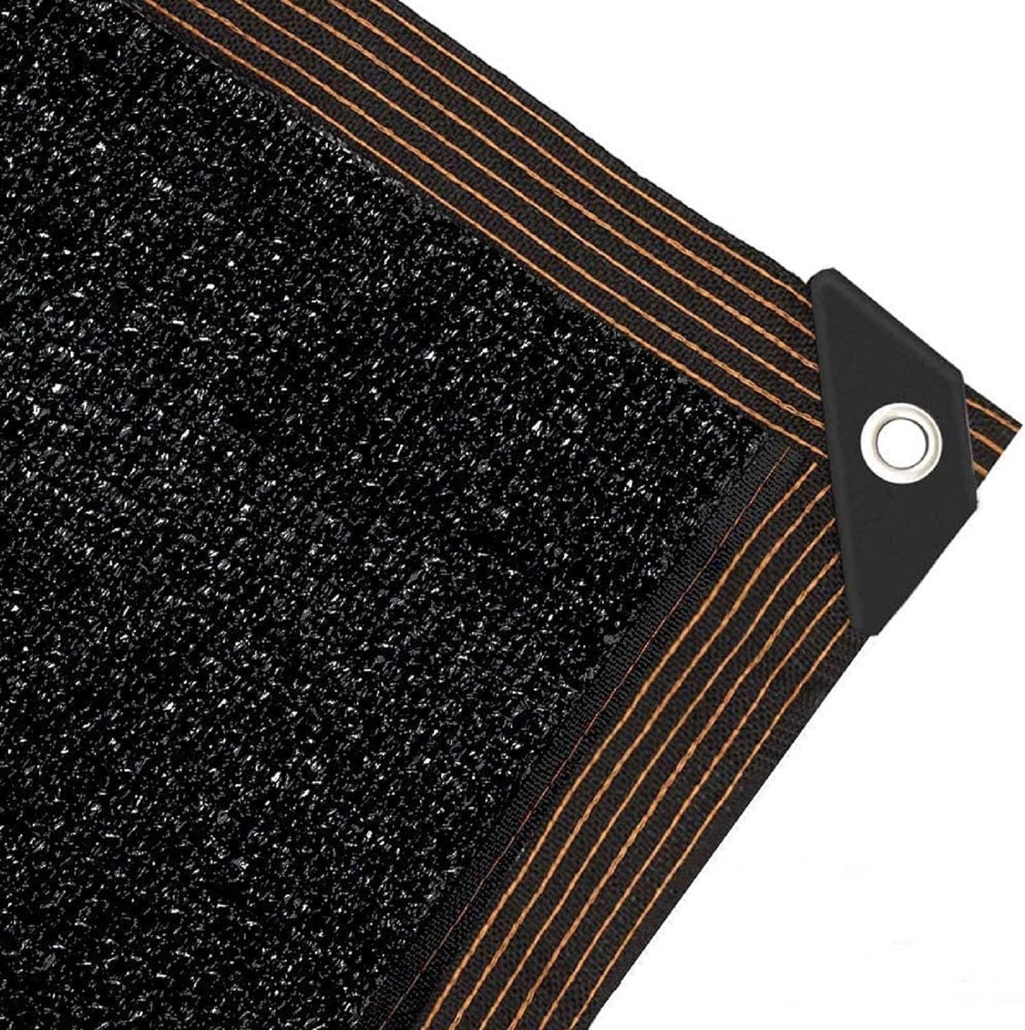 Black HDPE shade cloth panel with a wood-effect stripe border and eyelet