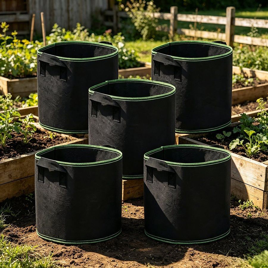 Five grey fabric grow bags standing beside raised timber beds