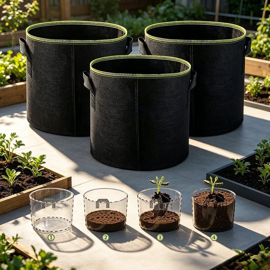 Grey grow bags with bright green binding beside seedling pots