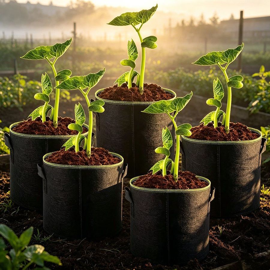 Five grey grow bags planted with vegetable seedlings in morning mist