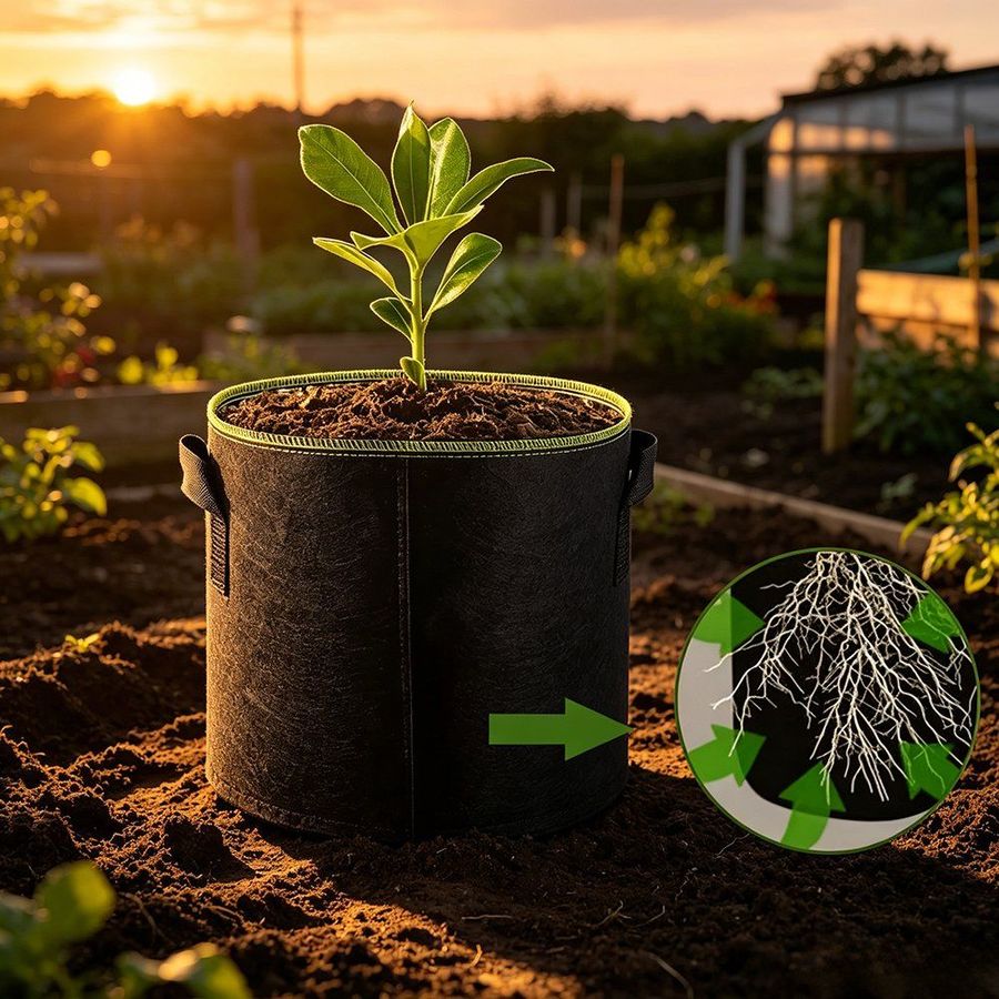 Seedling in a fabric bag with a close up of the white root system inset