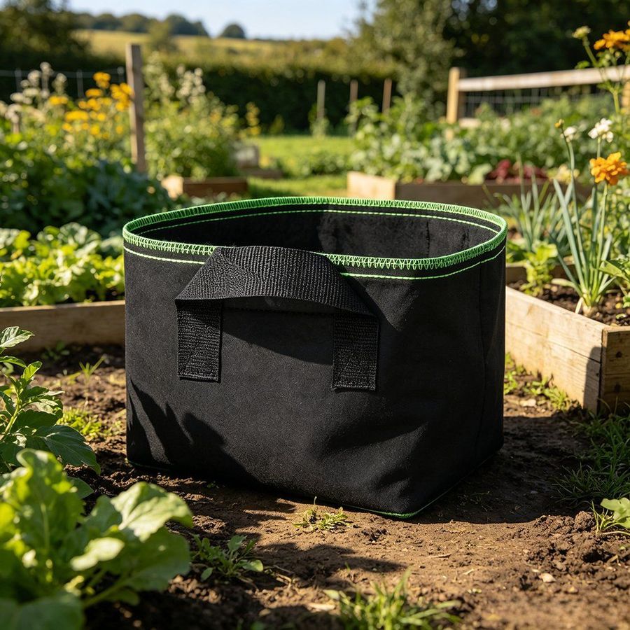 Square fabric grow bag with handles standing in a vegetable bed