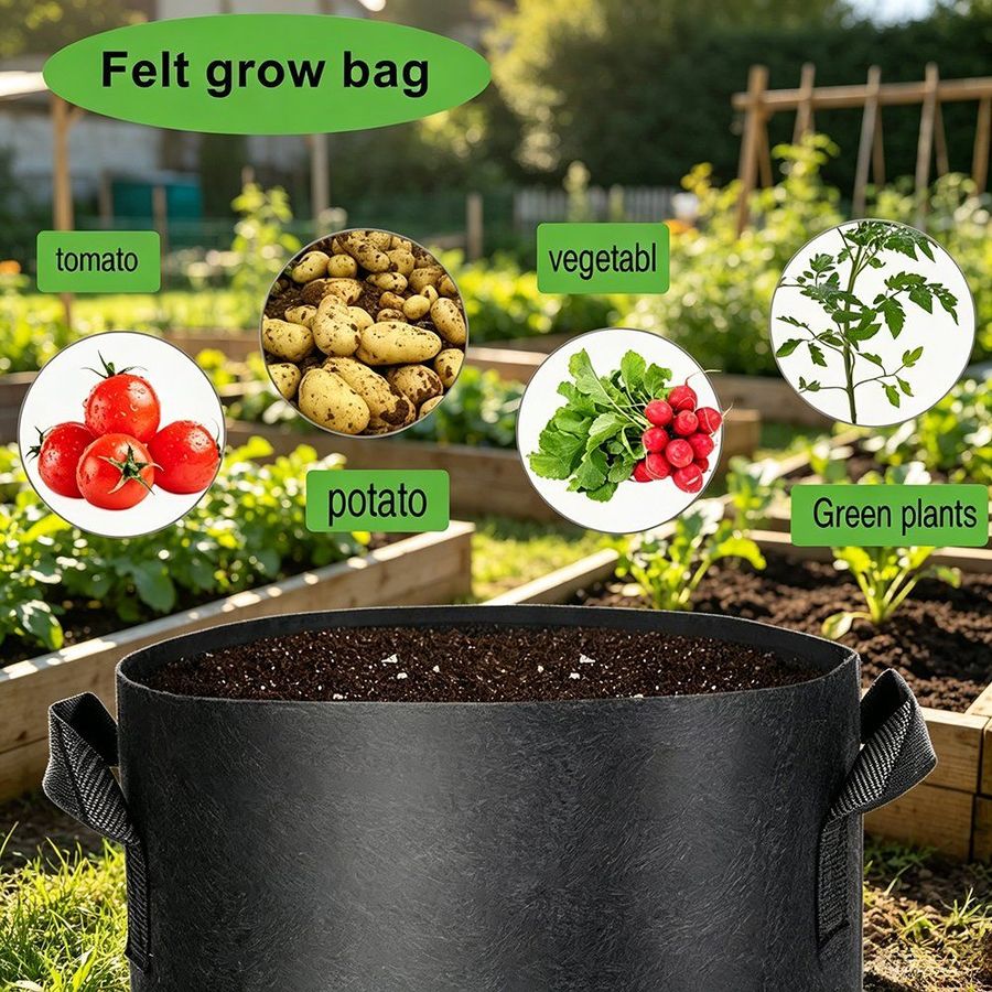 Black felt grow bag planted with mixed crops beside a raised bed