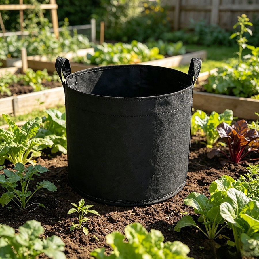 Heavy duty black grow bag planted with lettuce standing in a field