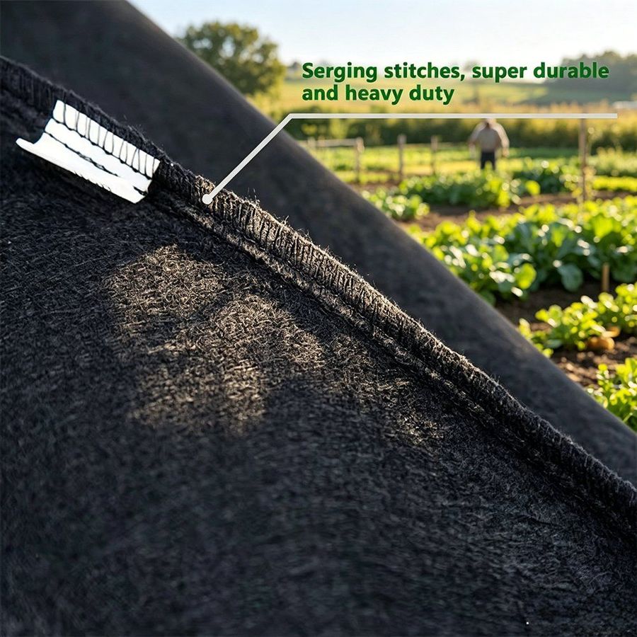 Close up of serged stitching along the edge of a heavy duty grow bag