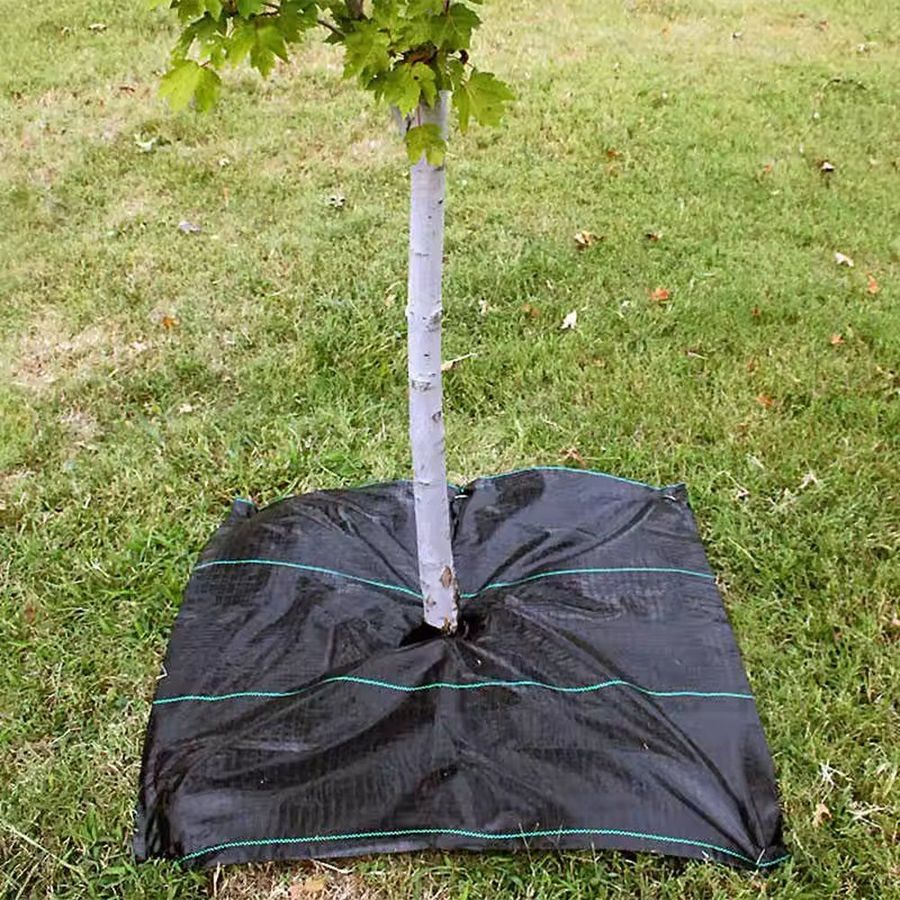 Perforated weed mat panel fitted around the trunk of a tree in grass
