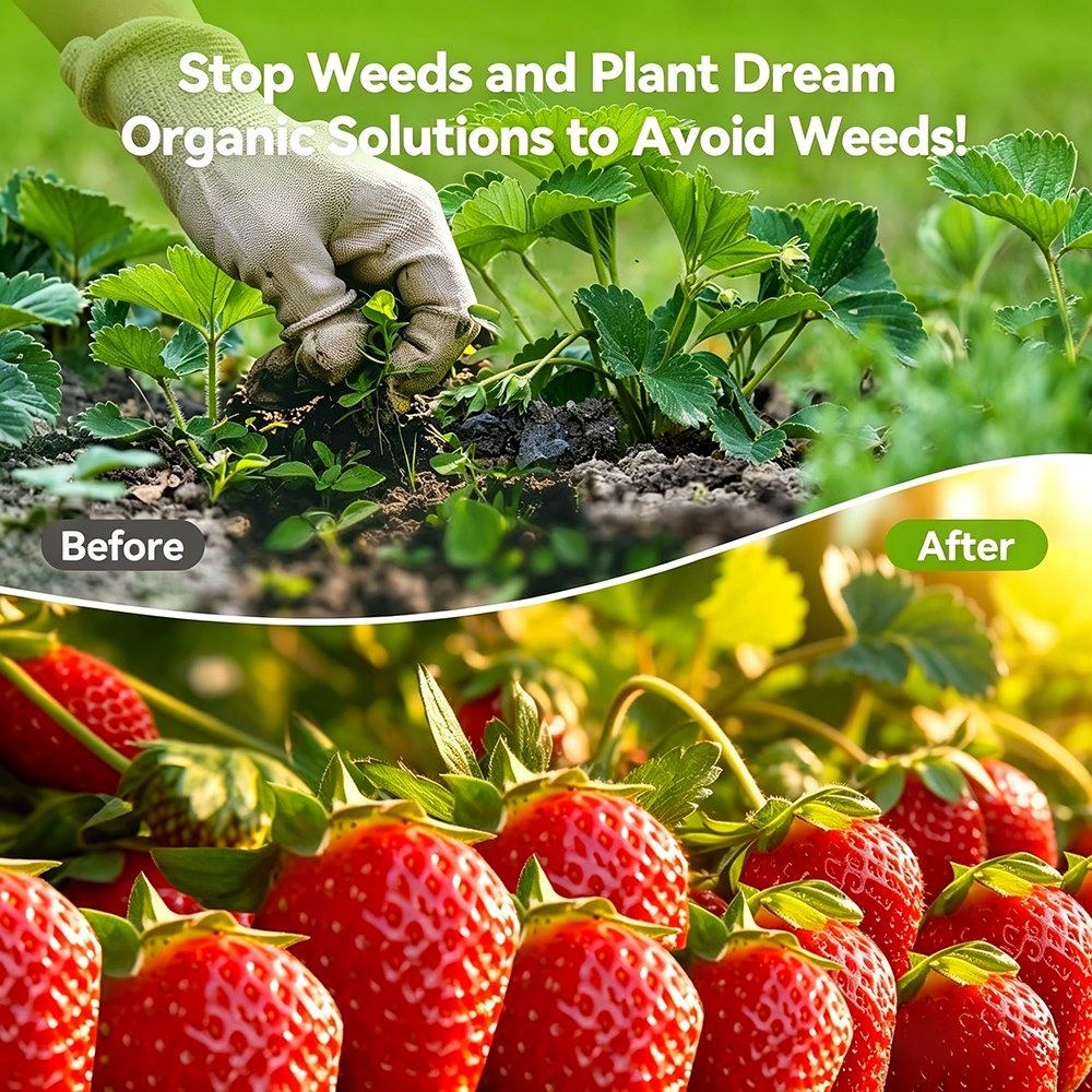 Weed mat shown before and after weed control, with strawberries on the covered ground