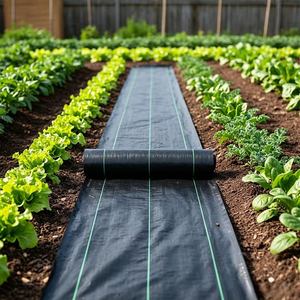 Weed mat laid down the middle of a vegetable row with crops either side