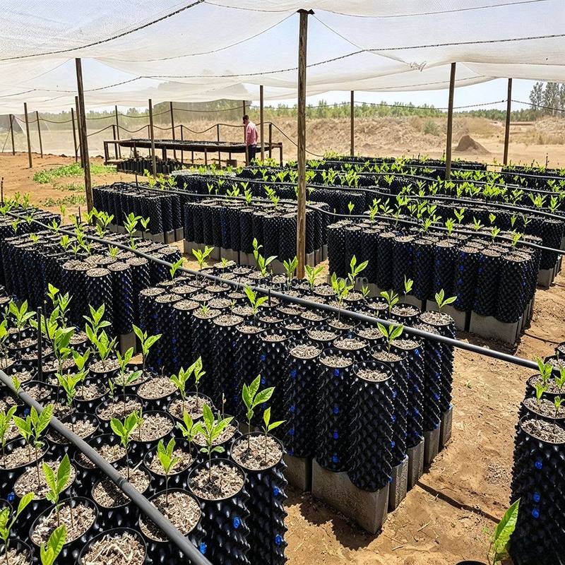 rows of air pruning pots on drip irrigation beds