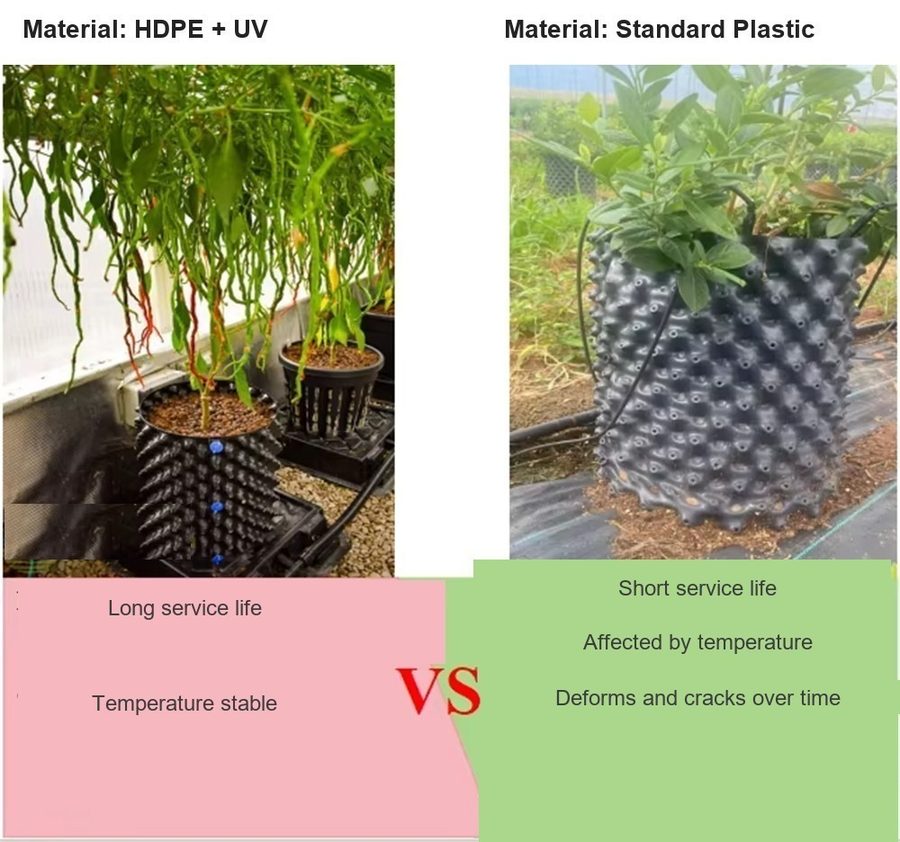 HDPE air pruning pot compared with standard plastic that deforms and cracks over time