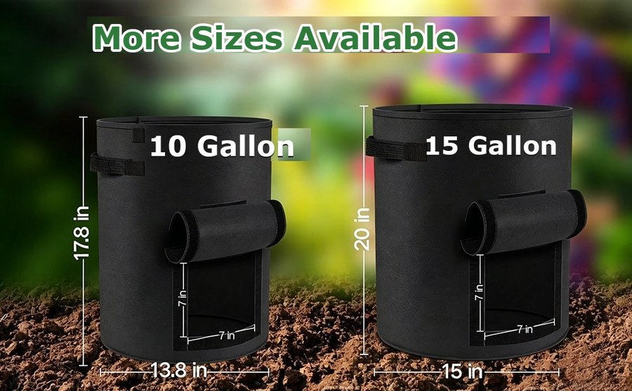 Fabric grow bag size comparison, 10 gallon and 15 gallon