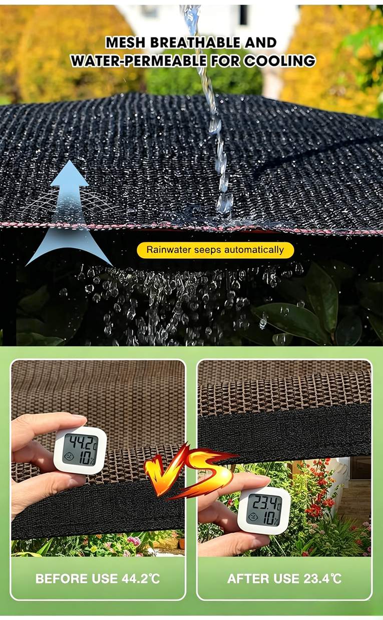 Rain passing through shade net and a thermometer reading under the net