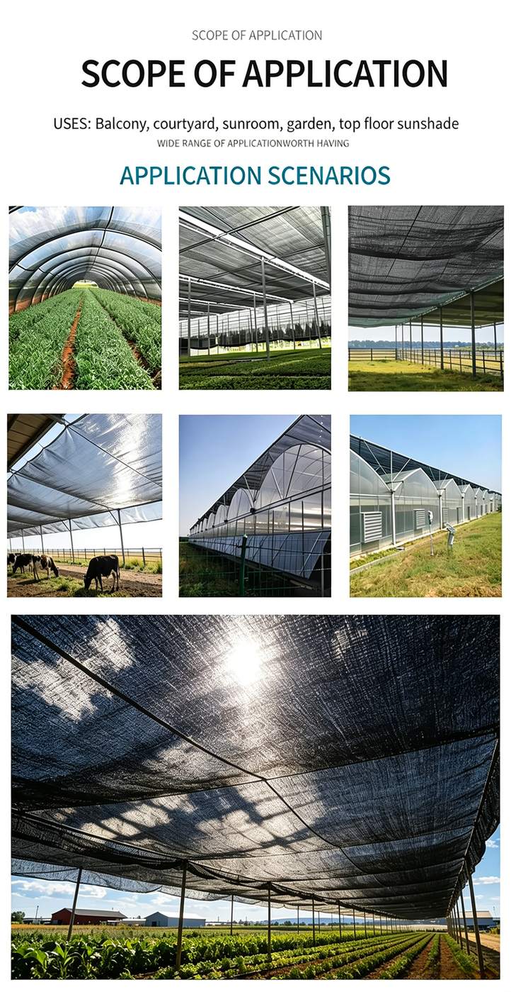 Shade net installed over carport, terrace, fence and field structures