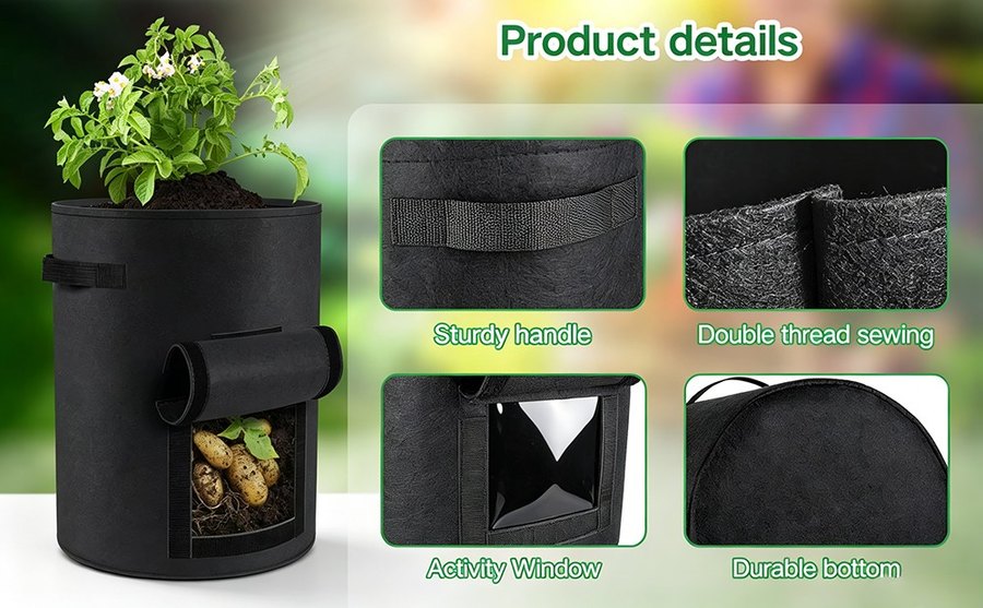 Grow bag construction detail: handle, stitching, harvest window