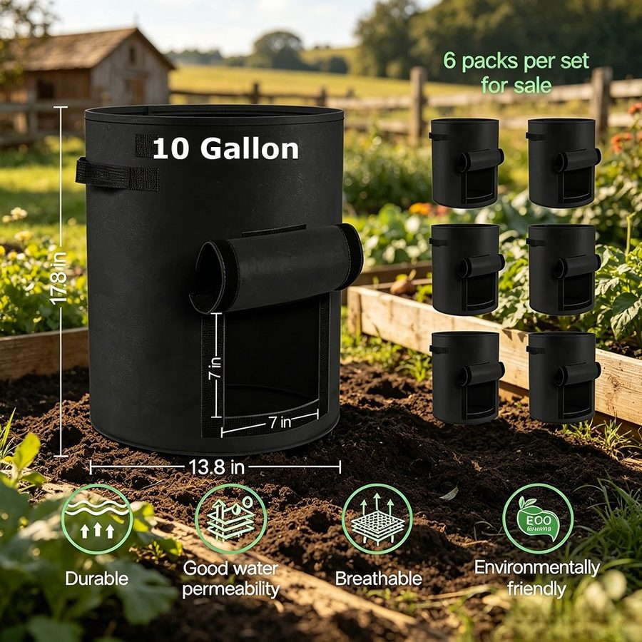 Ten gallon grow bags in a six pack with dimensions