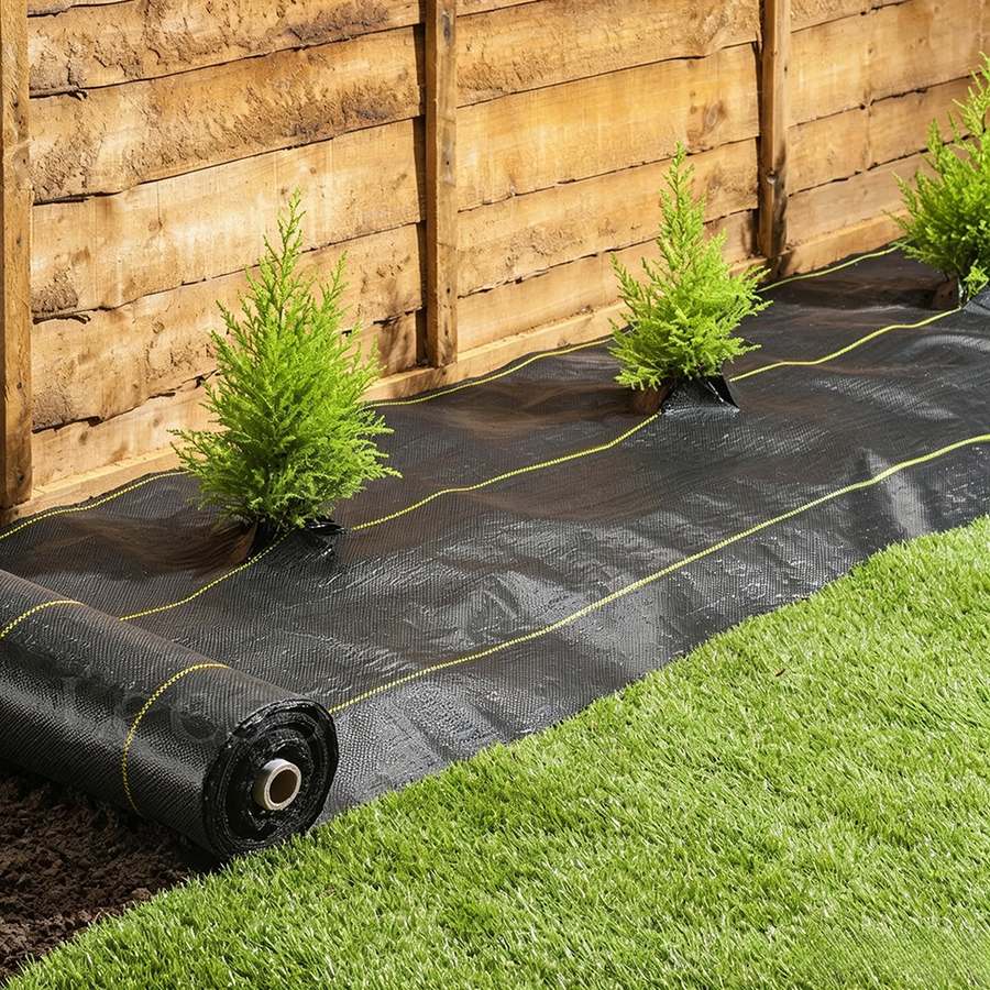 Weed mat laid along a garden edge beside a timber fence
