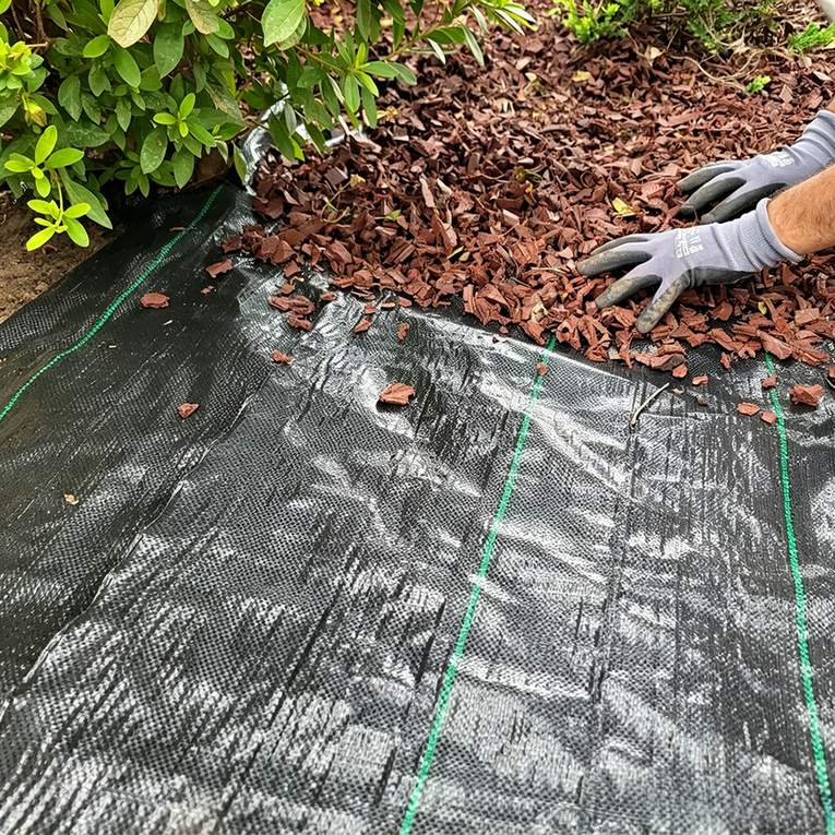 Bark mulch laid over a permeable weed mat
