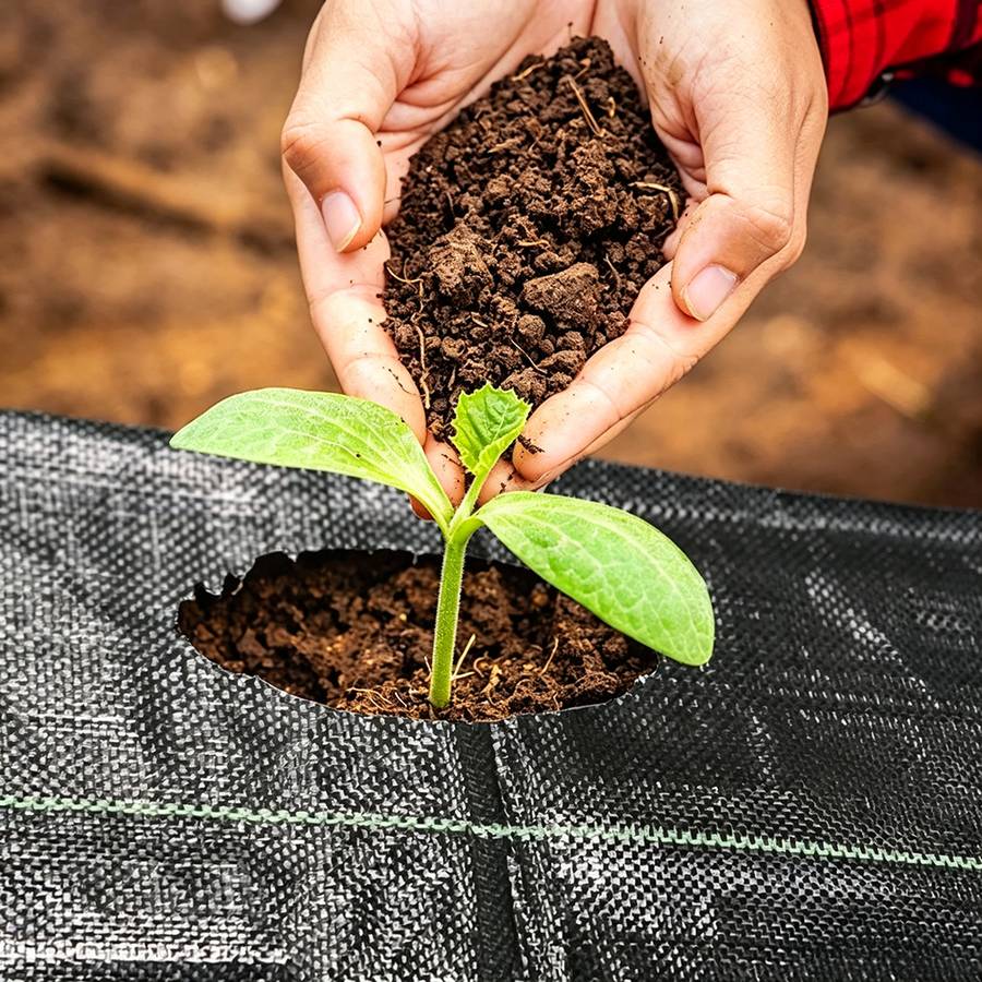 Seedling planted through a hole cut in woven weed mat