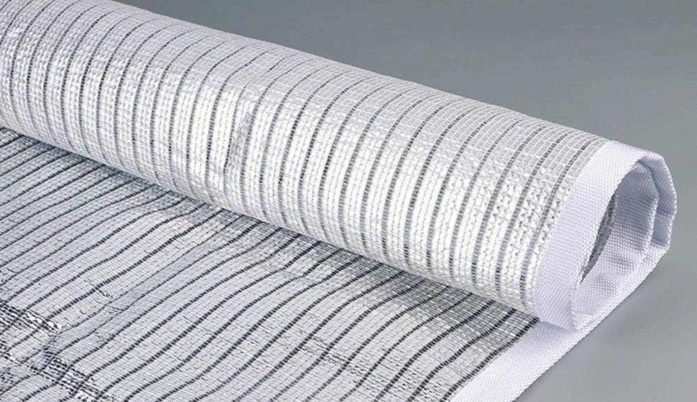 Rolls of aluminum mesh shade net showing the reflective coated surface