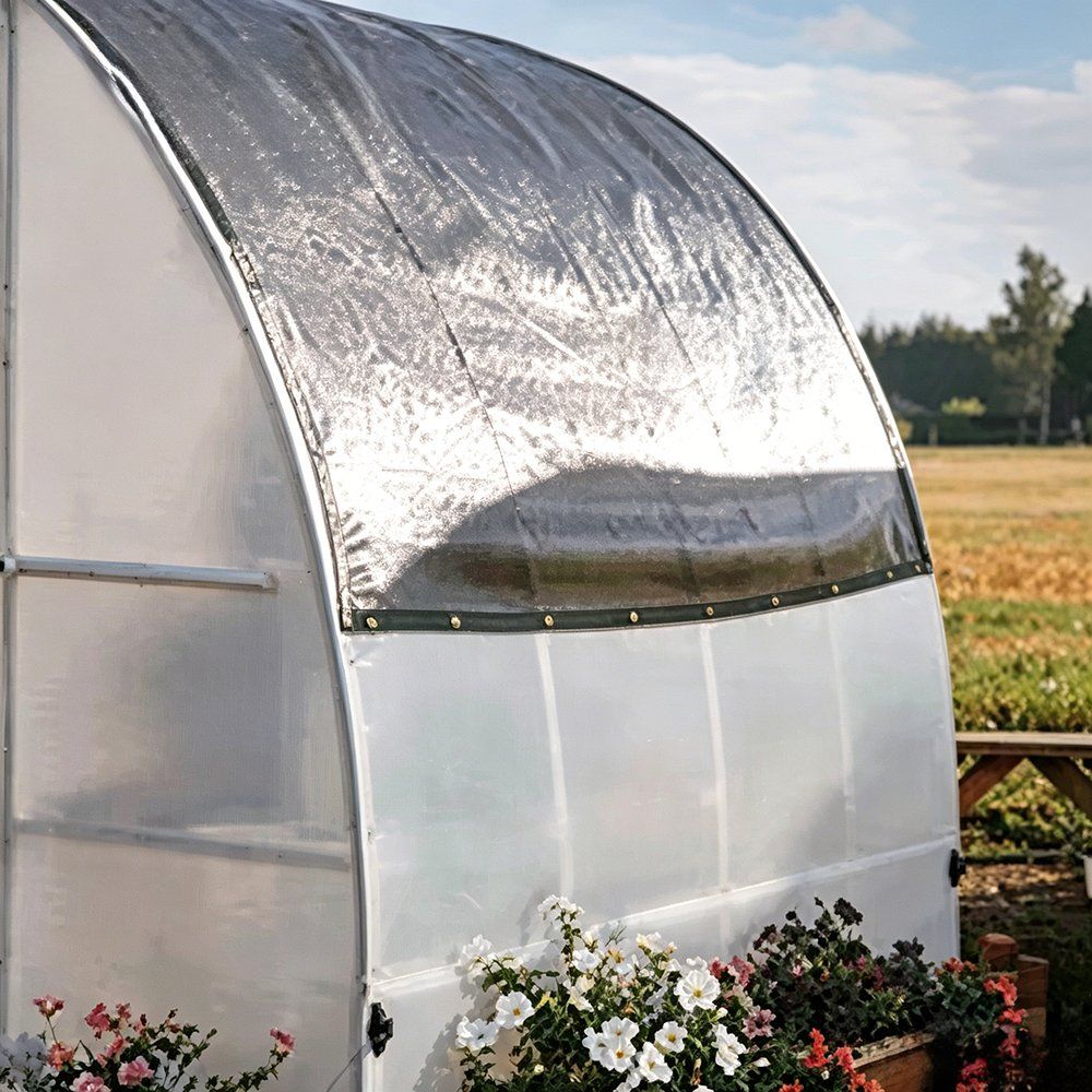 Aluminum shade cloth over a greenhouse frame reflecting the sun on a clear day