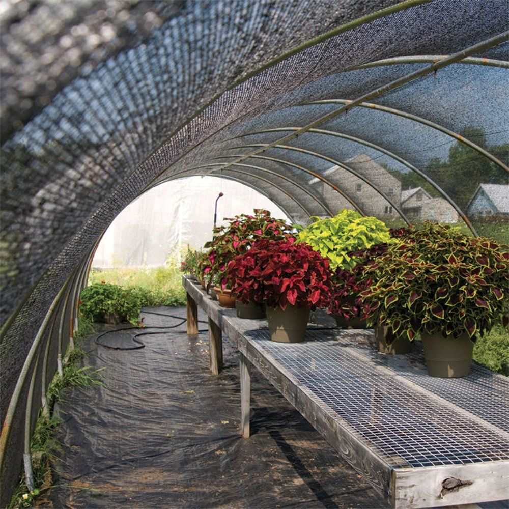 Shade net over a greenhouse arch with potted flowering plants below