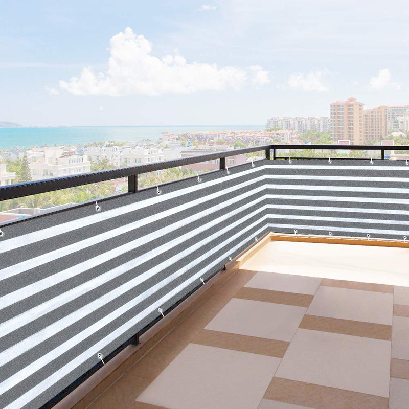 Grey and White Striped Balcony Privacy Screen with Zip Ties and Rope