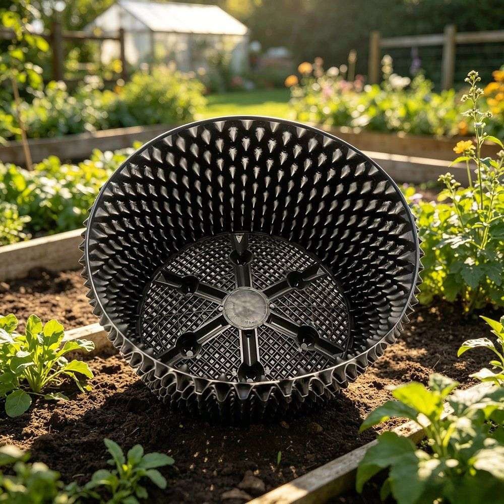 circular air pruning container base shown with its spoke structure