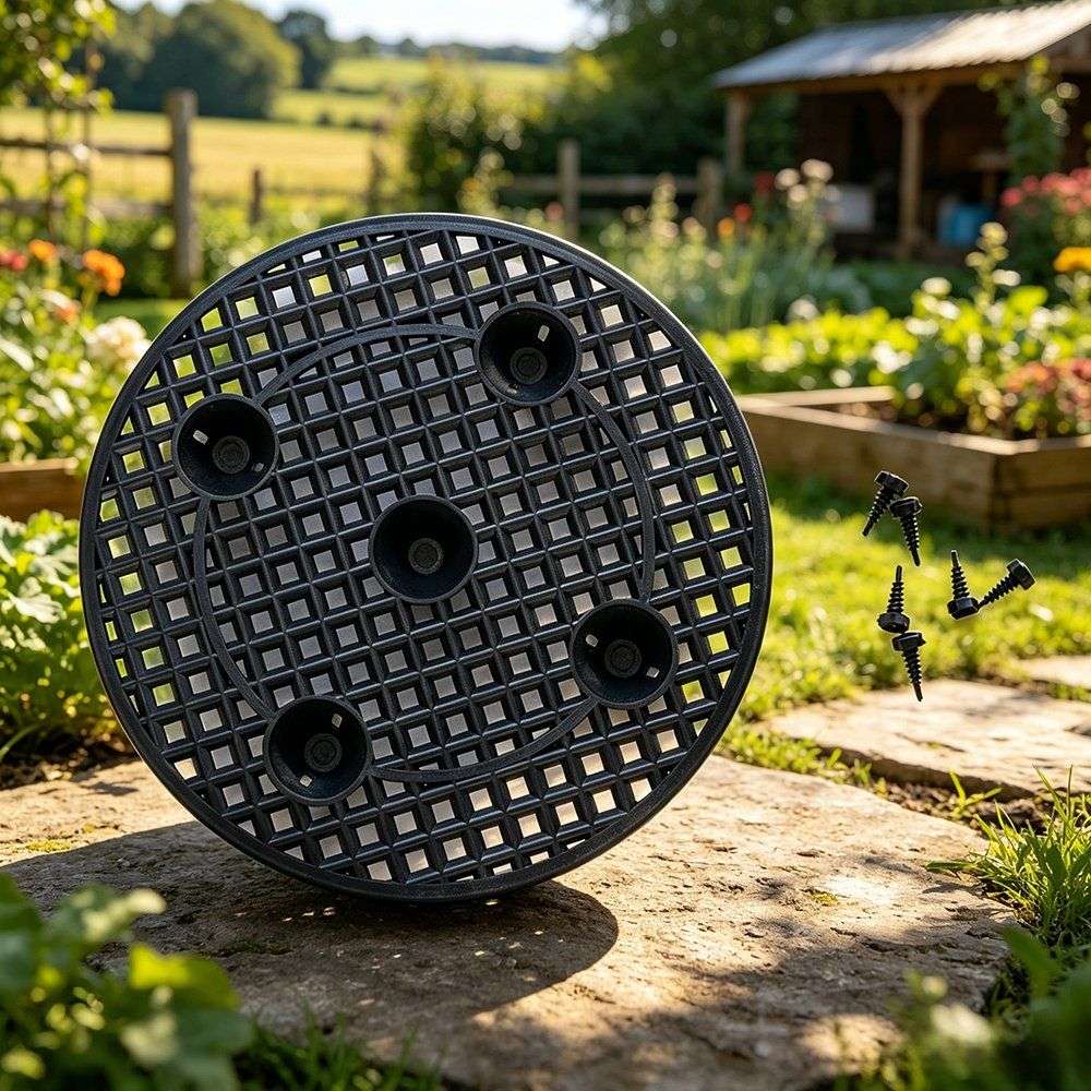 circular air pruning pot base shown standing on a garden path