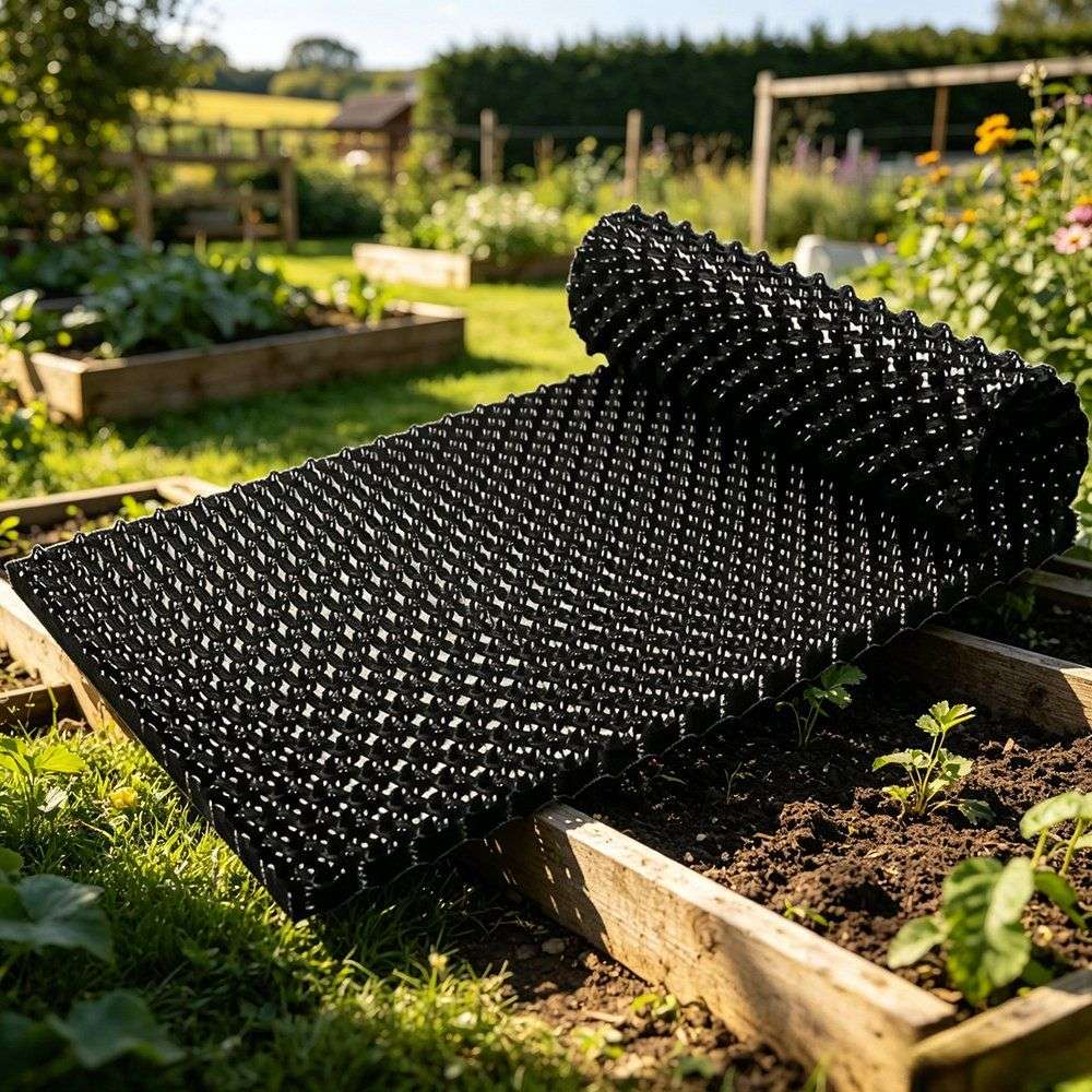 air pruning pot panel unrolled flat beside a raised garden bed