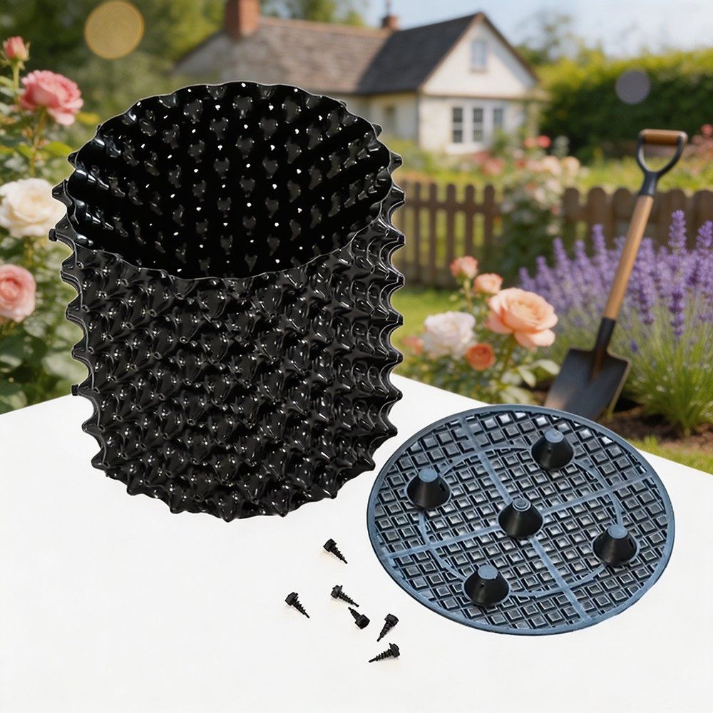air pruning pot kit with base plate and screws beside an assembled pot