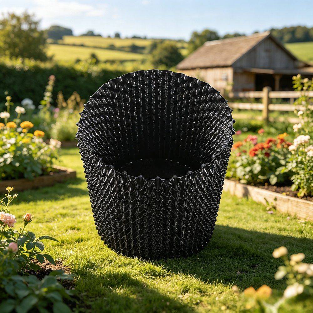 single air pruning planter standing on a lawn in the garden