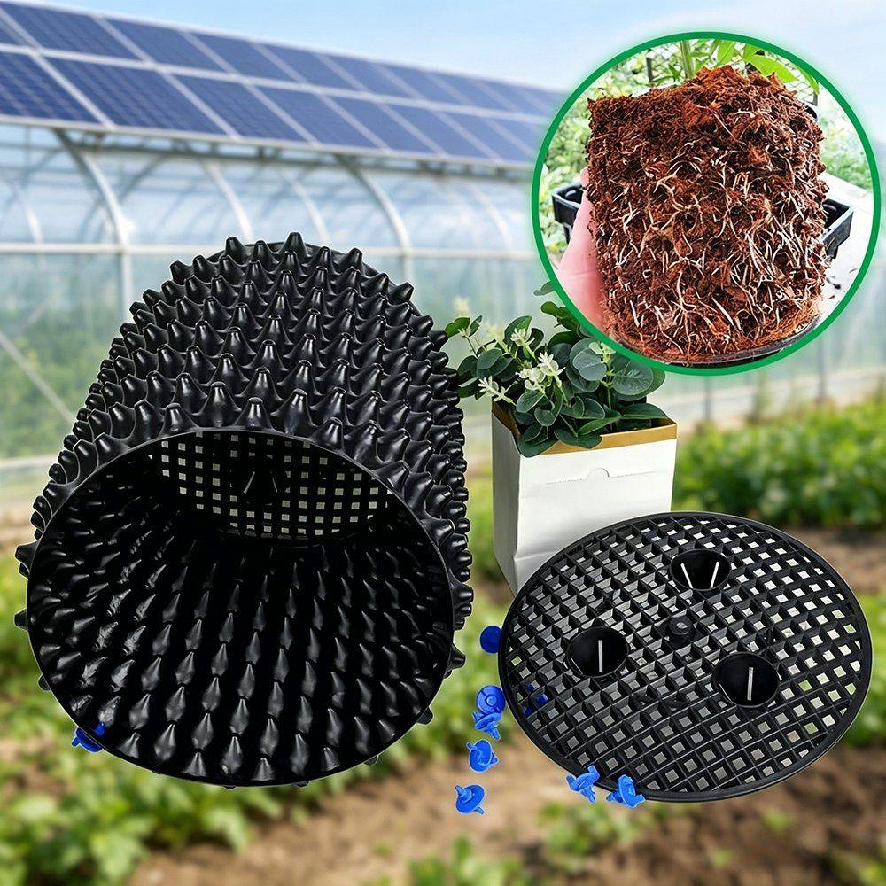 air pruning pots shown from multiple angles with root detail