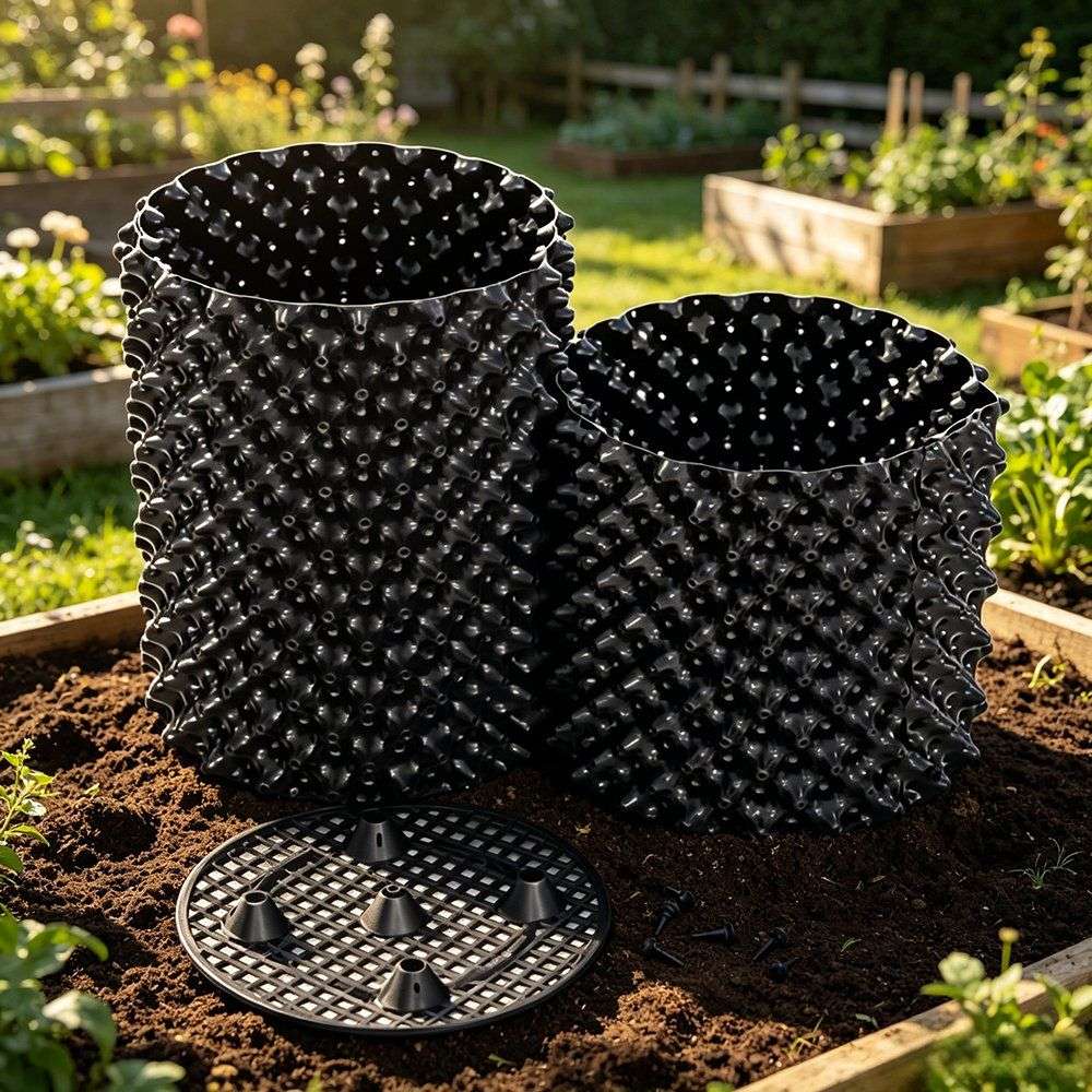 two assembled air pruning pots with base plates and fixings on nursery soil