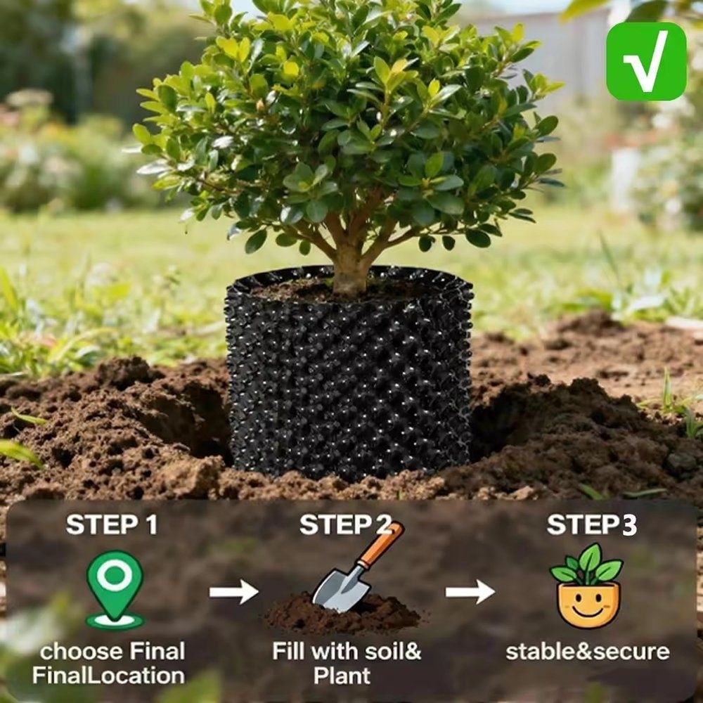 planting steps for an air pruning pot shown as a three step guide