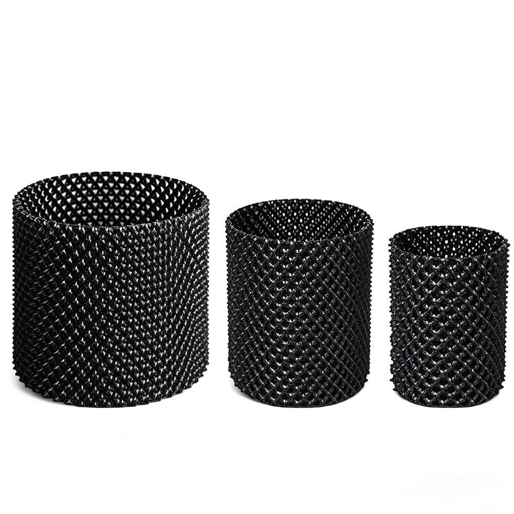 three air pruning pots in a row showing small, medium and large sizes