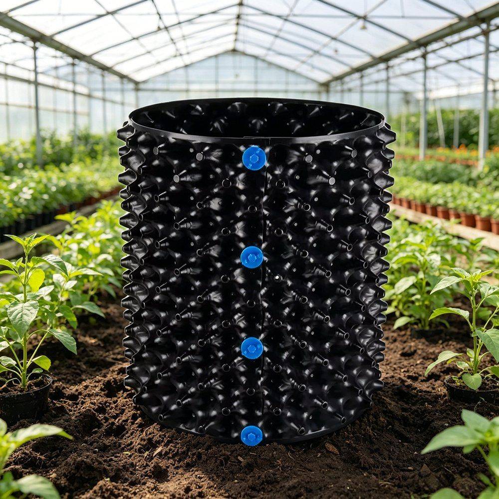 air pruning pots stacked ready for greenhouse bench filling