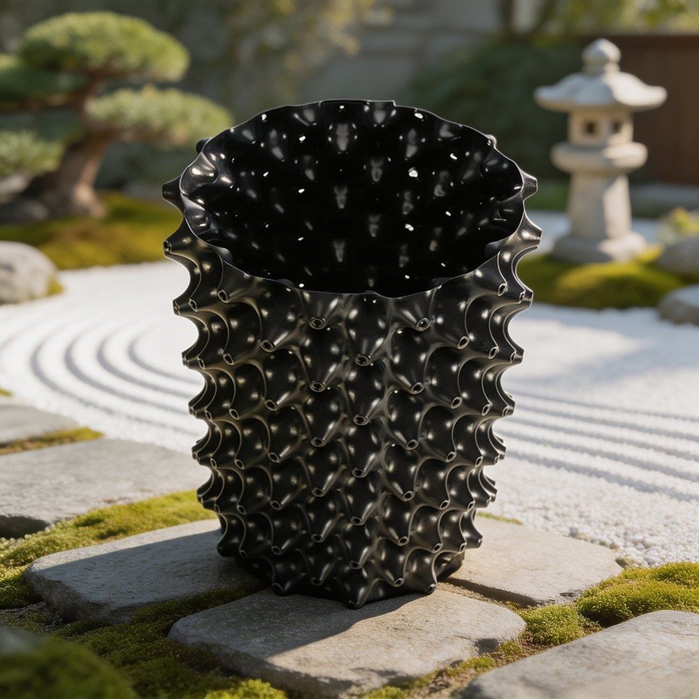 single black root controller pot standing in a garden