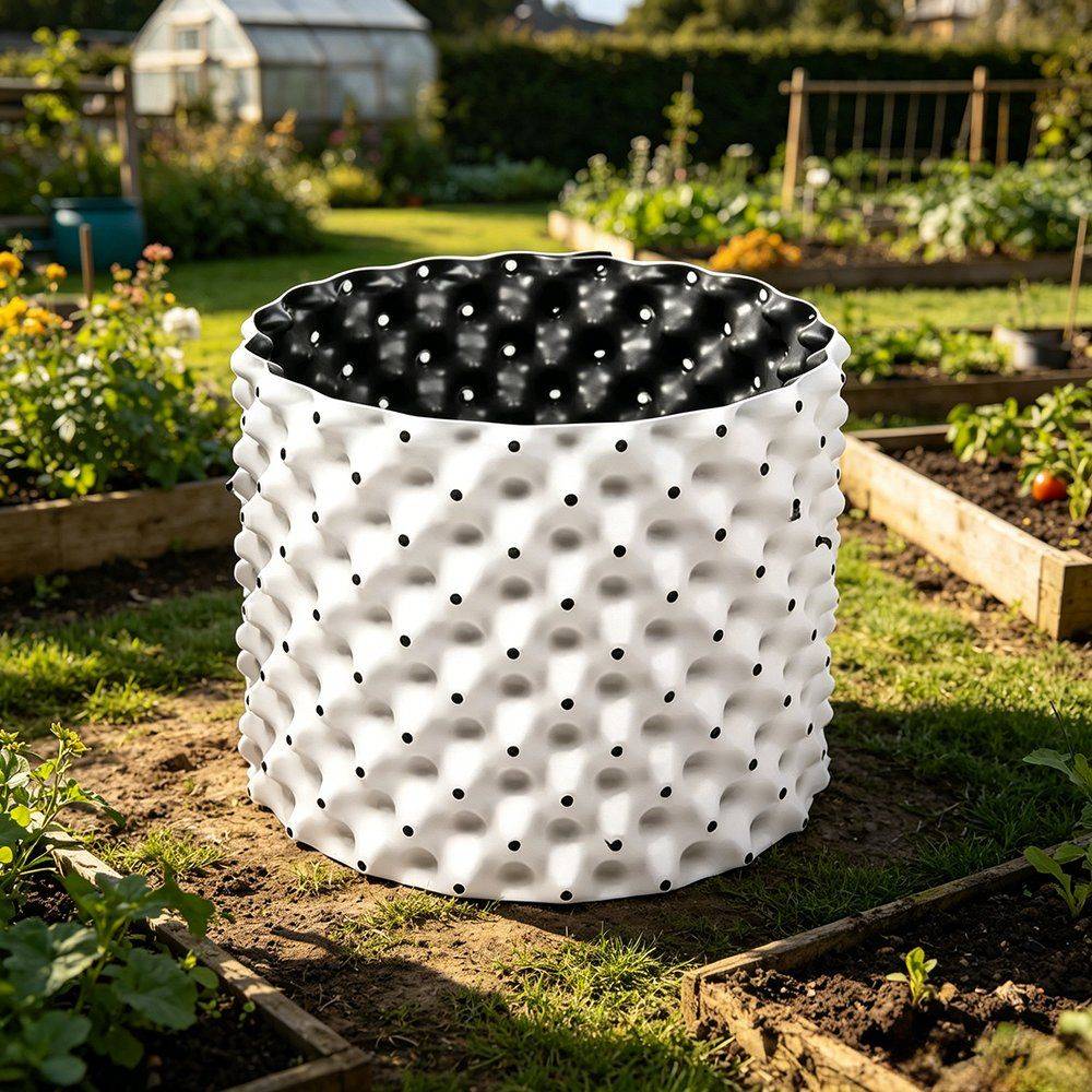 white air pruning planter standing in a garden bed