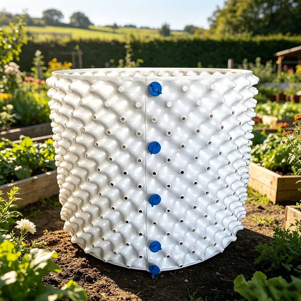 white air pruning tree container standing upright in a garden bed