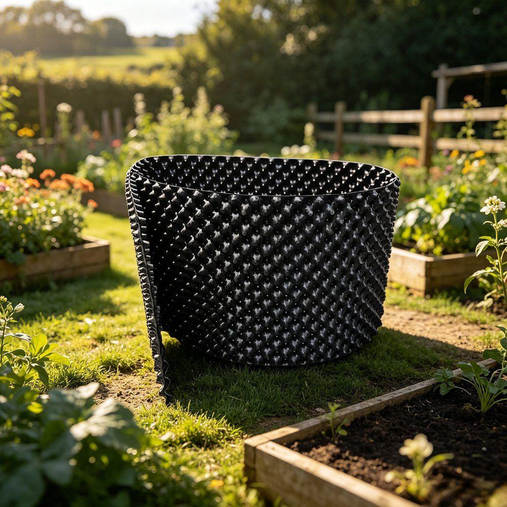 wide low air pruning pot standing on grass beside garden beds
