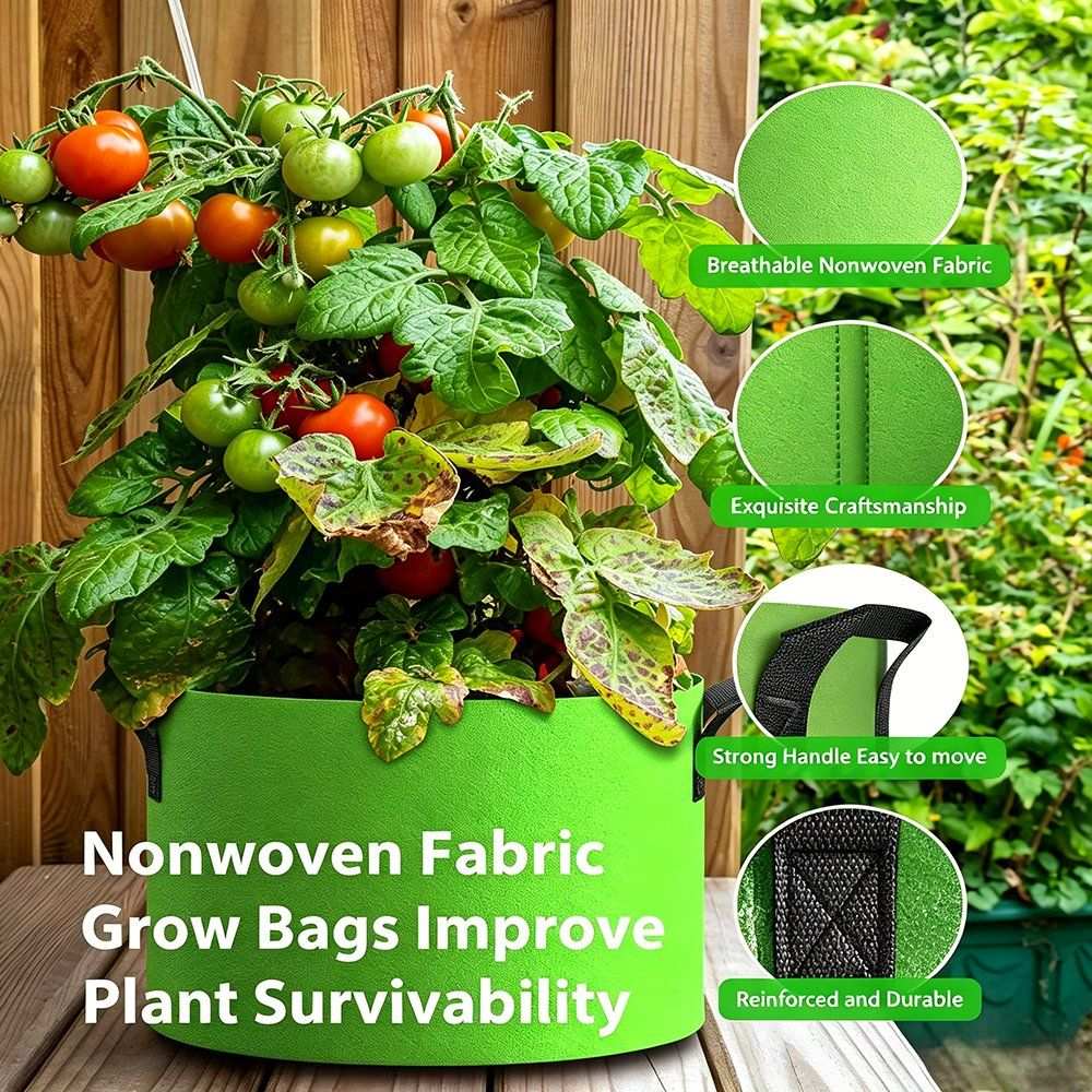 green grow bag with the same reinforced handle and stitching callouts