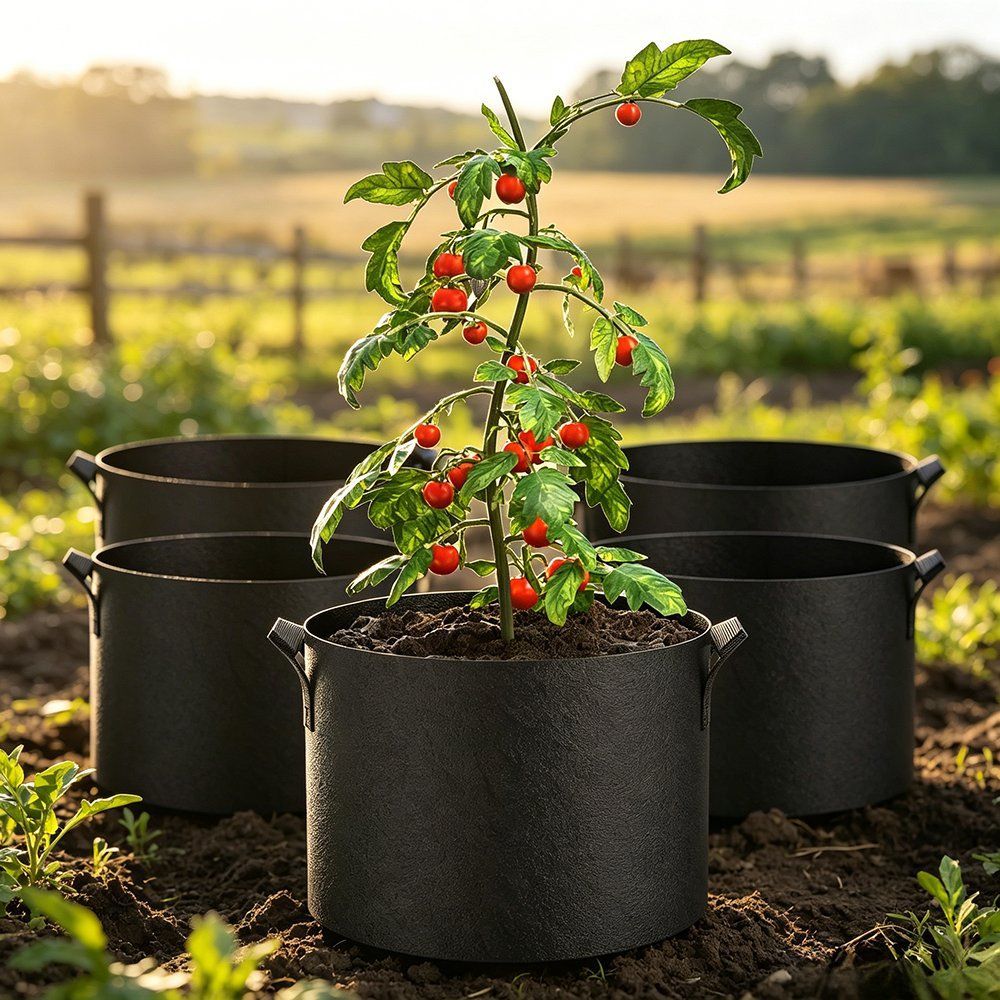 30 gallon grow bags with fruiting tomatoes in a field at dusk