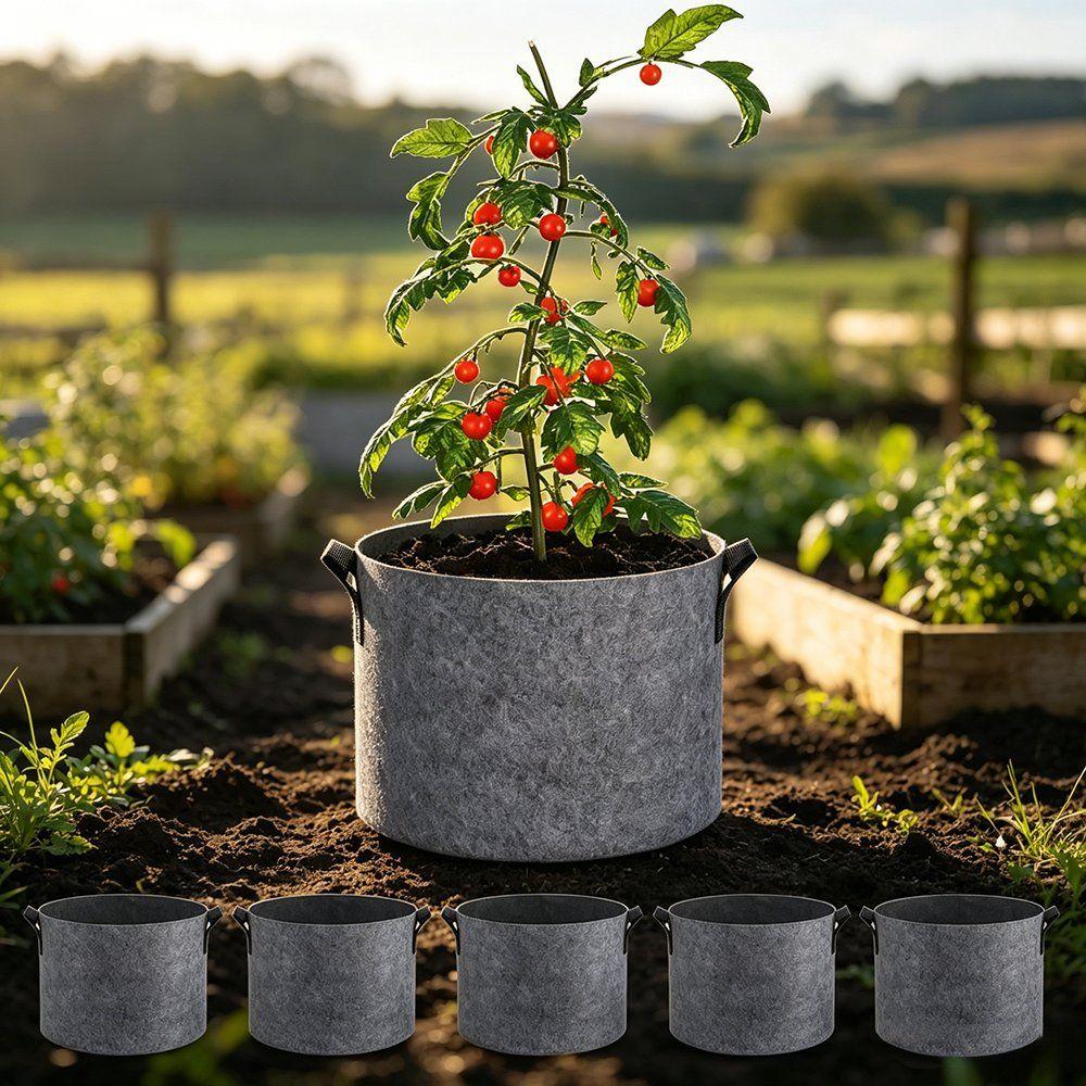 grey 30 gallon grow bag with a fruiting tomato plant in a field at dusk